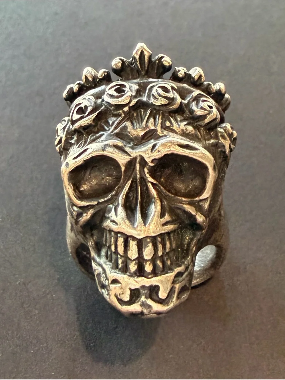 .925 Sterling Silver Crowned Tiara Skull Statement Ring Size 10